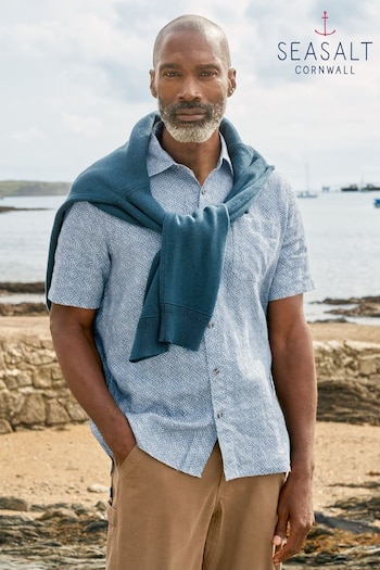 Seasalt Cornwall Blue Mens Heron Short Sleeve Shirt (B17812) | £68