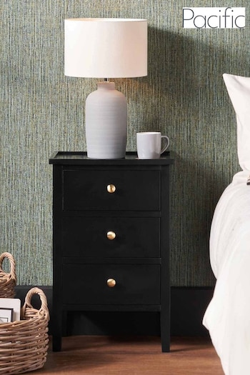 Pacific Satin Black Pine Wood 3 Drawer Bedside Unit (B17874) | £179.99