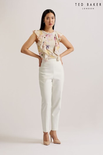 Ted Baker Frill Trim Floral Cotton Linen Off White Top (B17898) | £65