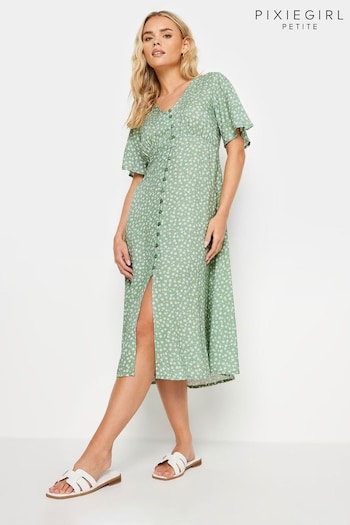 PixieGirl Petite Green Button Maxi Tea drop-waist Dress (B17915) | £34
