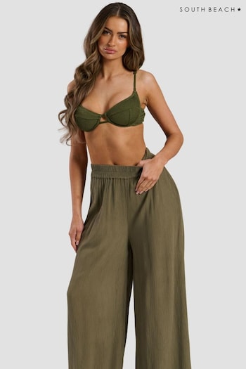 South Beach Green Crinkle Vicose Wide Leg Trousers (B17981) | £22