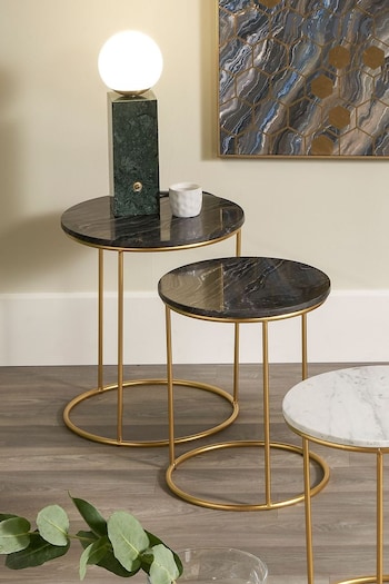 Pacific Black Set of 2 Milly Marble Tables with Gold Frame (B20352) | £199.99