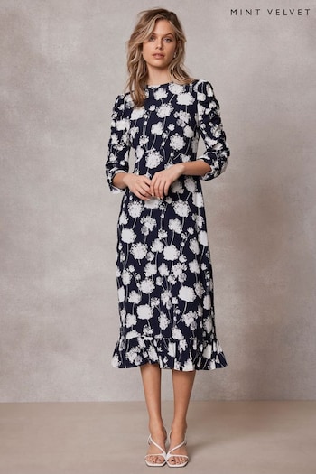 Mint Velvet Blue Navy Floral Ruffle Midi tropical Dress (B20540) | £149