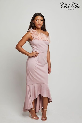 Chi Chi London Pink One Shoulder Organza Bodycon Midi Dress (B20701) | £95