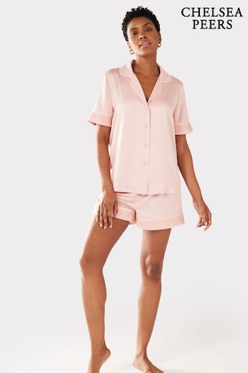 Chelsea Peers Pink Satin Lace Trim Short Pyjama Set (B20836) | £45