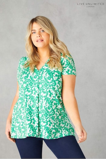 Live Unlimited Curve Green Floral Print Jersey Pleat Front Top (B20873) | £45