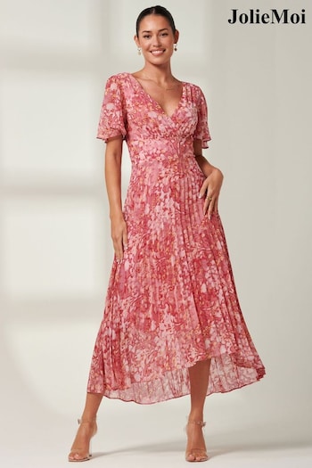 Jolie Moi Red Olenna Angel Sleeve Pleated Chiffon Maxi Dress (B20876) | £79