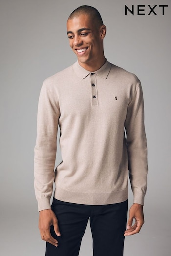 Neutral Stag Logo Regular Fit Knitted Long Sleeve Polo Shirt (B20937) | £30