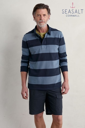 Seasalt Cornwall Blue Mens Herdsman Striped Long Sleeve Polo Shirt (B21117) | £80