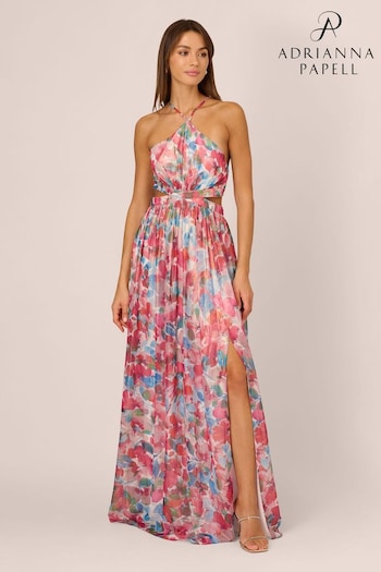 Adrianna Papell Pink Foiled Chiffon Maxi Dress (B21173) | £265