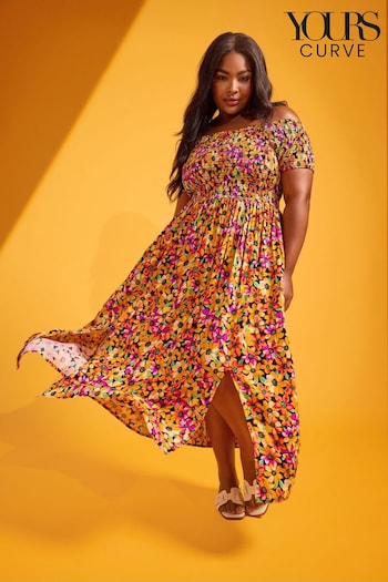Yours Curve Multi Floral Print Shirred Bardot Maxi Dress (B21360) | £34