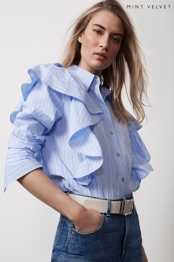 Mint Velvet Blue Striped Ruffle Shirt (B21362) | £85