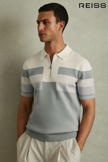 Reiss Ice Blue Verde Knitted Colourblock Half-Zip Polo Shirt (B21422) | £118