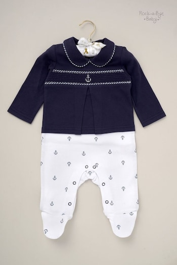 Rock-A-Bye Baby Boutique Blue Nautical Print Mock Overlay All-in-One Sleepsuit (B21425) | £18