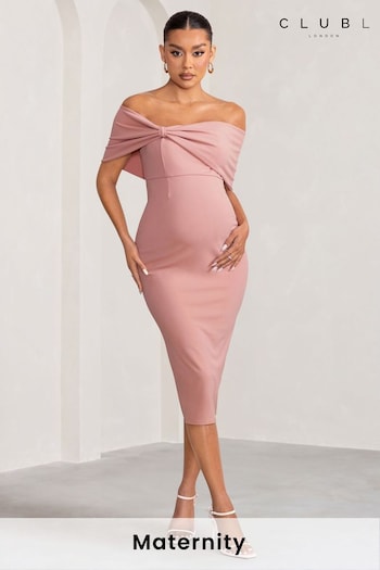 Club L London Pink Maternity Maternity Alyssa Bardot Bow Midi Dress with Ruching (B21426) | £65