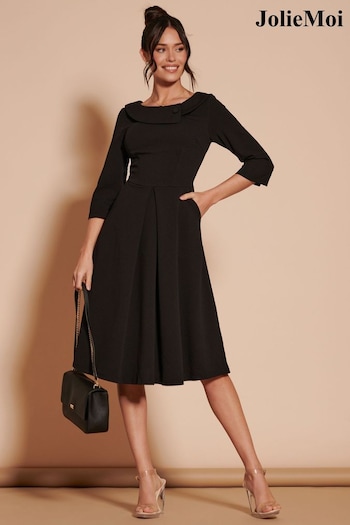 Jolie Moi Black 3/4 Sleeve Fold Neck Midi Dress (B21610) | £78