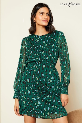 Nest of Tables Green Printed Empire Long Sleeve Midi Dress (B21616) | £55