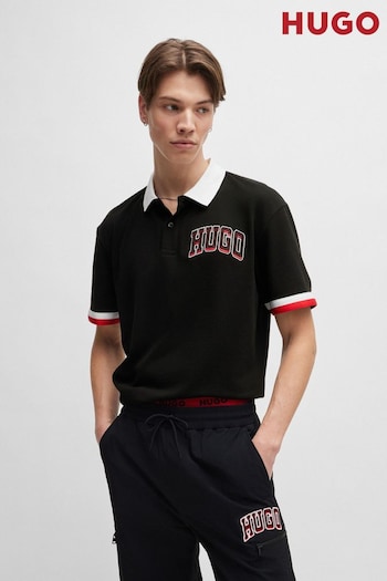 HUGO Cotton-Piqué Black Polo Shirt With Varsity Style Logo Badge (B21650) | £99