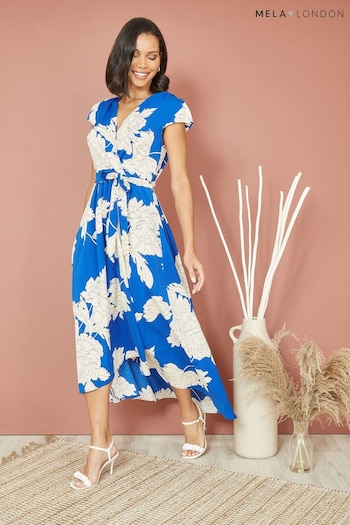 Mela Blue Blossom Print Wrap Midi Dress panels With Dipped Hem (B21664) | £45
