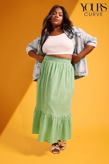 Yours Curve Green Gingham Tiered Pure Cotton Midi Skirt (B21774) | £31