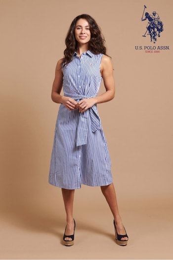 U.S. Simons Polo Assn. Womens Blue Striped Sleeveless Shirt Dress (B21790) | £90