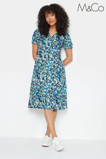 M&Co Blue Ditsy Floral Print Midi Wrap Dress (B21799) | £34