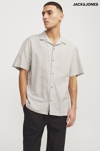 JACK & JONES Cream Linen Blend Resort Collar Short Sleeve Shirt (B21815) | £34
