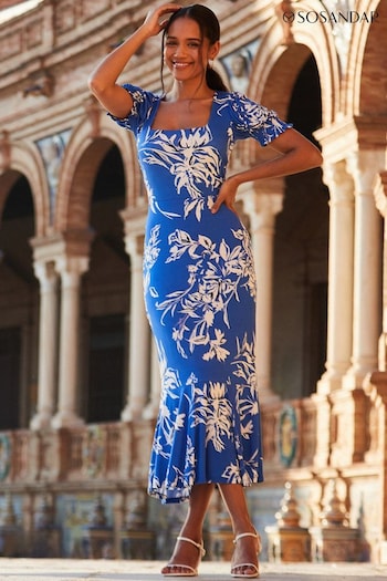Sosandar Blue Floral Print Fluted Hem Midi Jersey Dress (B21817) | £75