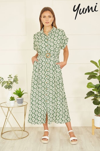 Yumi Green Viscose Midi Shirt Dress With Matching Belt (B21818) | £55