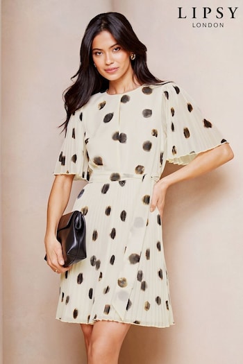 Lipsy White Polka Dot Petite Short Flutter Sleeve Pleated Mini Dress (B22000) | £65