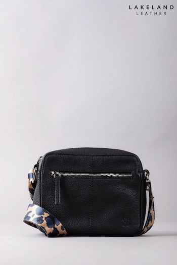 Lakeland Leather Alston Boxy Leather Cross-Body Black Bag with Canvas Strap (B22234) | £50