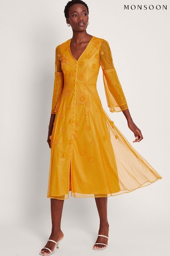 Monsoon Yellow Alba Embroidered Tea Dress (B22237) | £160