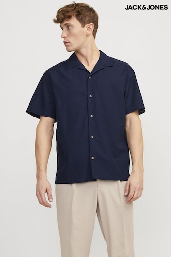 JACK & JONES Blue Linen Blend Resort Collar Short Sleeve Shirt (B22302) | £34
