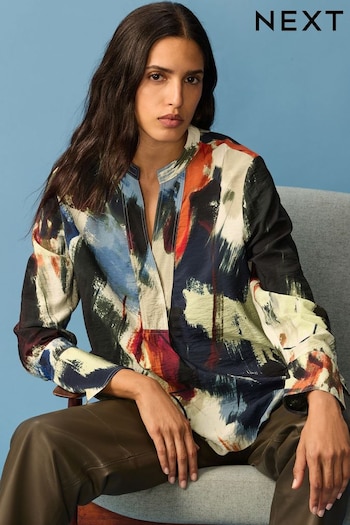 Multicoloured Abstract Print Long Sleeve Textured Overhead V-Neck Blouse (B22384) | £30