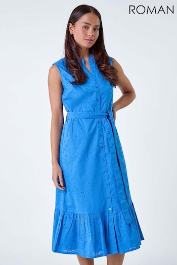 Roman Blue Cotton Broderie Frill Midi Dress (B22756) | £45