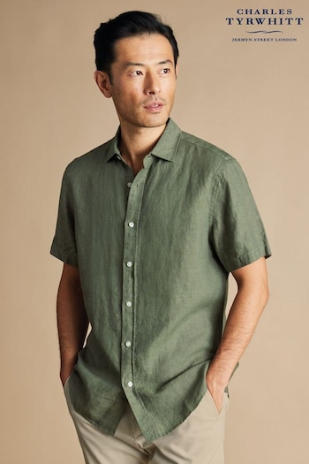 Charles Tyrwhitt Green Classic Fit Plain Short Sleeve Pure Linen Shirt (B22819) | £70