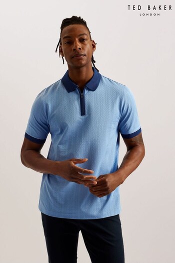 Ted Baker Blue Arnival Short Sleeve Regular Textured Zip unisex Polo Shirt (B22992) | £75