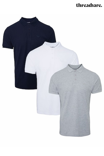 Threadbare Black/ Navy/Grey/White Ecru/ Slate Cotton Pique Polo Shirts 3 Pack (B23027) | £45