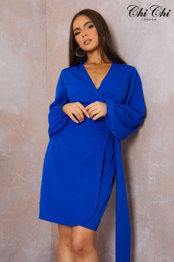 Chi Chi London Blue Long Sleeve Wrap Detail Shirt Dress (B23065) | £48
