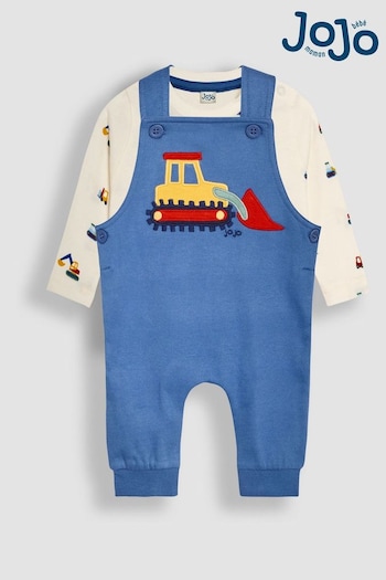 JoJo Maman Bébé Blue Construction Vehicle Appliqué Dungarees & Top Set (B23069) | £27