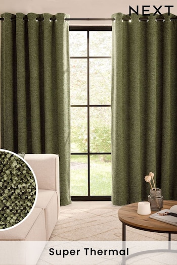 Olive Green Bouclé Textured Eyelet Super Thermal Curtains (B23114) | £75 - £205