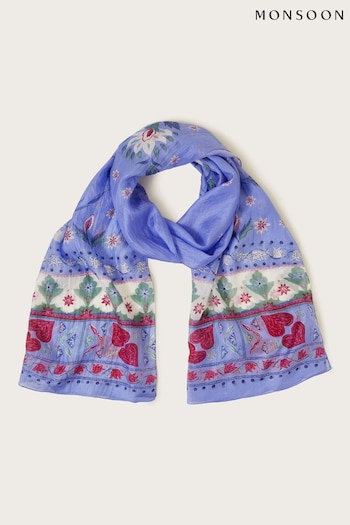 Monsoon Blue Aldina Border Floral Silk Scarf (B23177) | £35