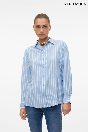 VERO MODA Blue Linen Blend Long Sleeve Stripe Shirt (B23280) | £37