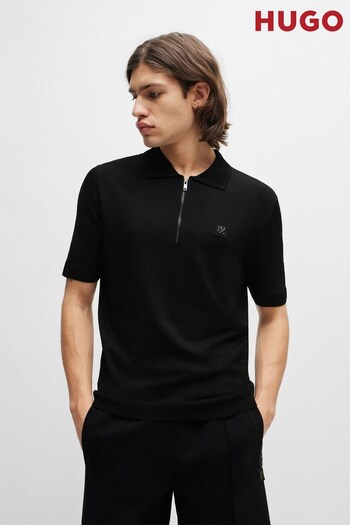 HUGO Zip-Neck Black Polo dubbelstickade Shirt With Stacked Logo (B23556) | £159