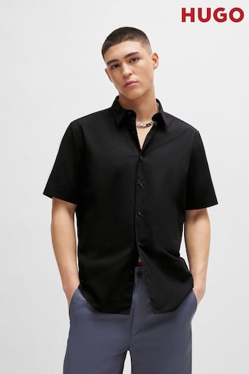 HUGO Relaxed Fit Black Shirt in Stretch Cotton Canvas (B23624) | £69