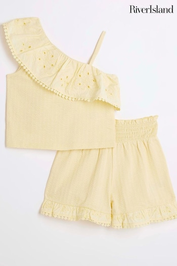 River Island Yellow Girls Broderie Top and Shorts Set (B24046) | £25