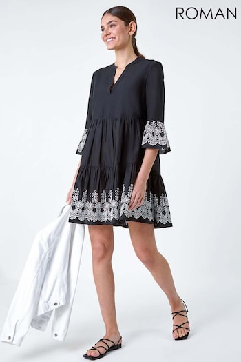Roman Black Embroidered Cotton Smock Dress (B24109) | £40