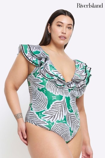 River Island Green Curve Frill Plunge Swimsuit (B24207) | £45