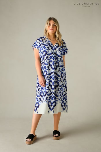 Live Unlimited Curve - Blue Aztec Print Relaxed Midi Dress (B24525) | £79