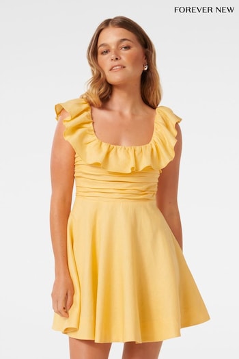 Forever New Yellow Pure Linen Ashlee Petite Ruffle Neck Mini Dress (B24571) | £115
